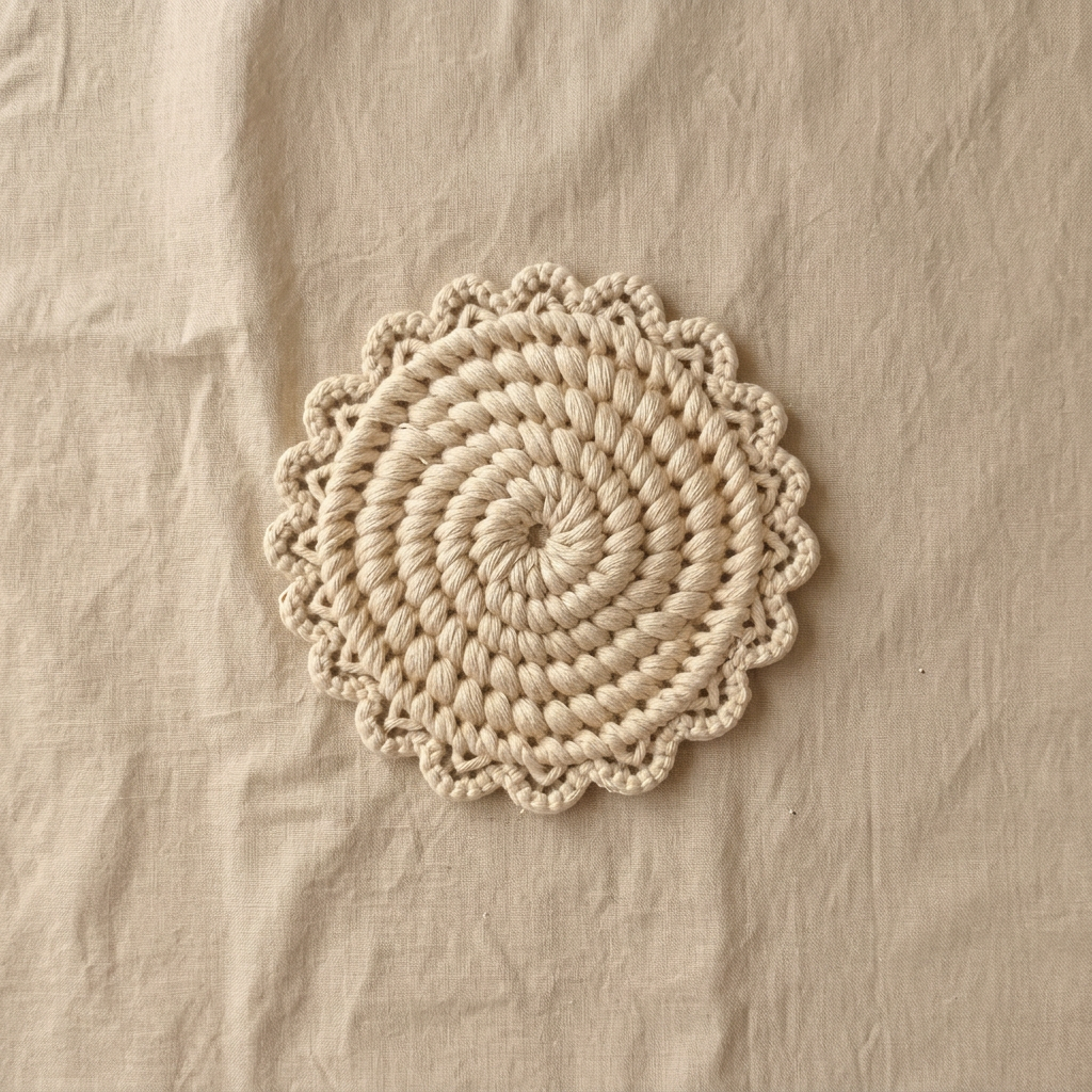 Dessous de tasse rond en macramé écru au crochet sur lin naturel
